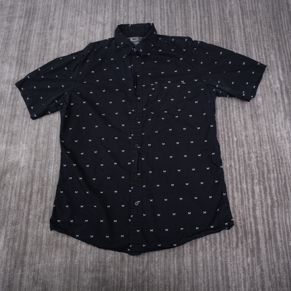 Broken Threads Button Down Shirt Mens Large Black Excellent Short Sleeve Cross